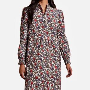 Boden Blue Ruffle Neck Cotton Corduroy Floral Print Dress Sz 6 Petite